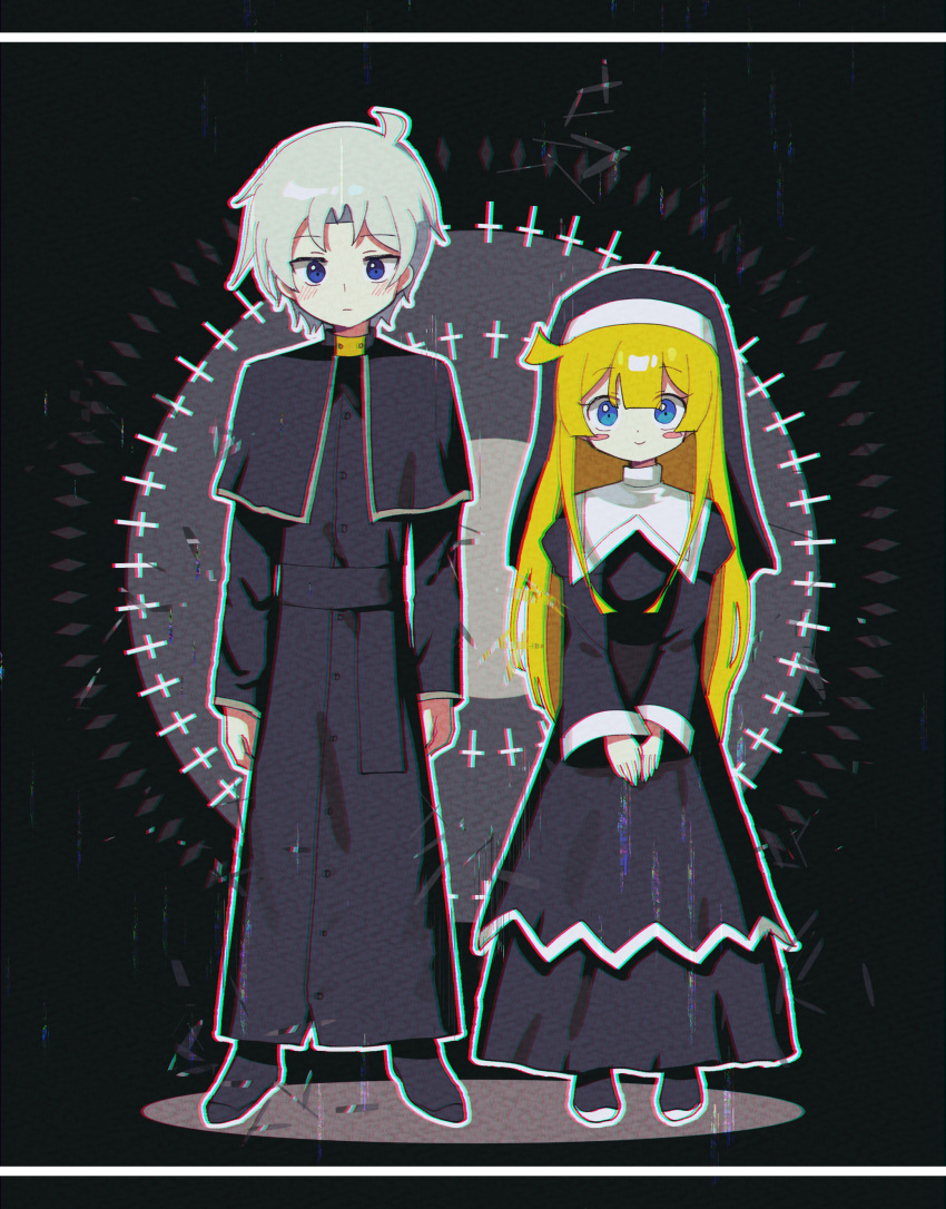 1boy 1girl absurdres alternate_costume blonde_hair blue_eyes blush cross highres long_hair long_sleeves looking_at_viewer madou_monogatari nun offbeat own_hands_together puyopuyo schezo_wegey traditional_nun white_hair witch_(puyopuyo)