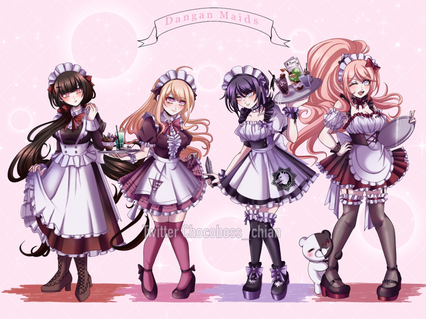 4girls ;d akamatsu_kaede alternate_costume angeliii apron black_dress black_footwear blush bow bowtie breasts brown_footwear brown_hair brown_thighhighs danganronpa:_trigger_happy_havoc danganronpa_(series) danganronpa_v3:_killing_harmony dress enmaided enoshima_junko freckles frills full_body glass grin hair_bow hair_ornament hairclip harukawa_maki highres holding holding_tray ikusaba_mukuro long_hair looking_at_viewer low_twintails maid maid_apron maid_headdress monokuma multiple_girls one_eye_closed open_mouth pink_bow pink_bowtie pink_thighhighs puffy_sleeves red_bow red_bowtie red_dress short_sleeves smile standing teeth thigh-highs tray twintails watermark white_apron