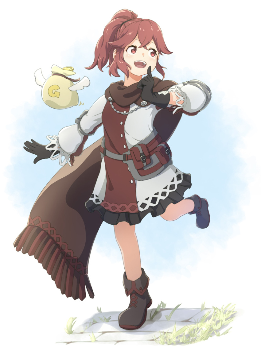 1girl :d anna_(fire_emblem) black_footwear black_gloves brown_cape cape coin crossed_bangs dress fire_emblem fire_emblem_engage full_body gloves gold_coin highres index_finger_raised leg_up long_sleeves looking_to_the_side money_bag open_mouth ponytail red_dress red_eyes redhead smile solo teeth tekology two-tone_dress upper_teeth_only white_dress wings