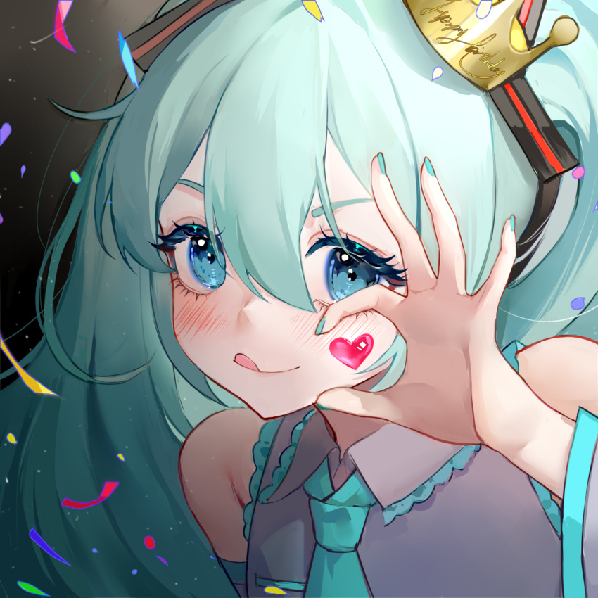1girl :q aqua_eyes aqua_hair aqua_nails aqua_necktie bare_shoulders chinese_commentary colored_eyelashes commentary crown detached_sleeves eyebrows_hidden_by_hair eyelashes grey_shirt hair_between_eyes happy_birthday hatsune_miku heart highres leaning_forward long-bangs long_hair looking_at_viewer mini_crown nail_polish necktie object_floating_above_hand ok_sign portrait shirt sleeveless sleeveless_shirt smile solo tongue tongue_out twintails very_long_hair vocaloid youmen