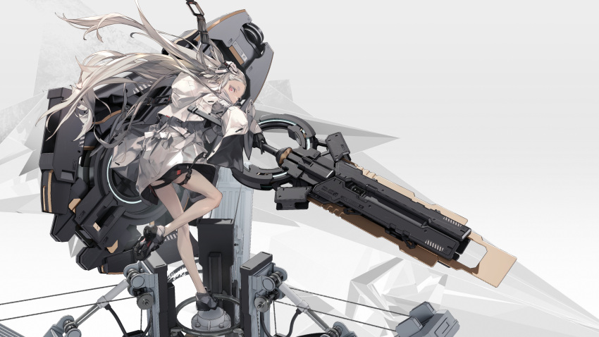 1girl absurdres blonde_hair coat grey_background headgear highres holding holding_shield holding_sword holding_weapon long_hair looking_at_viewer miya-ki_(miya_key) original red_eyes shield shoes sneakers solo sword very_long_hair weapon white_coat