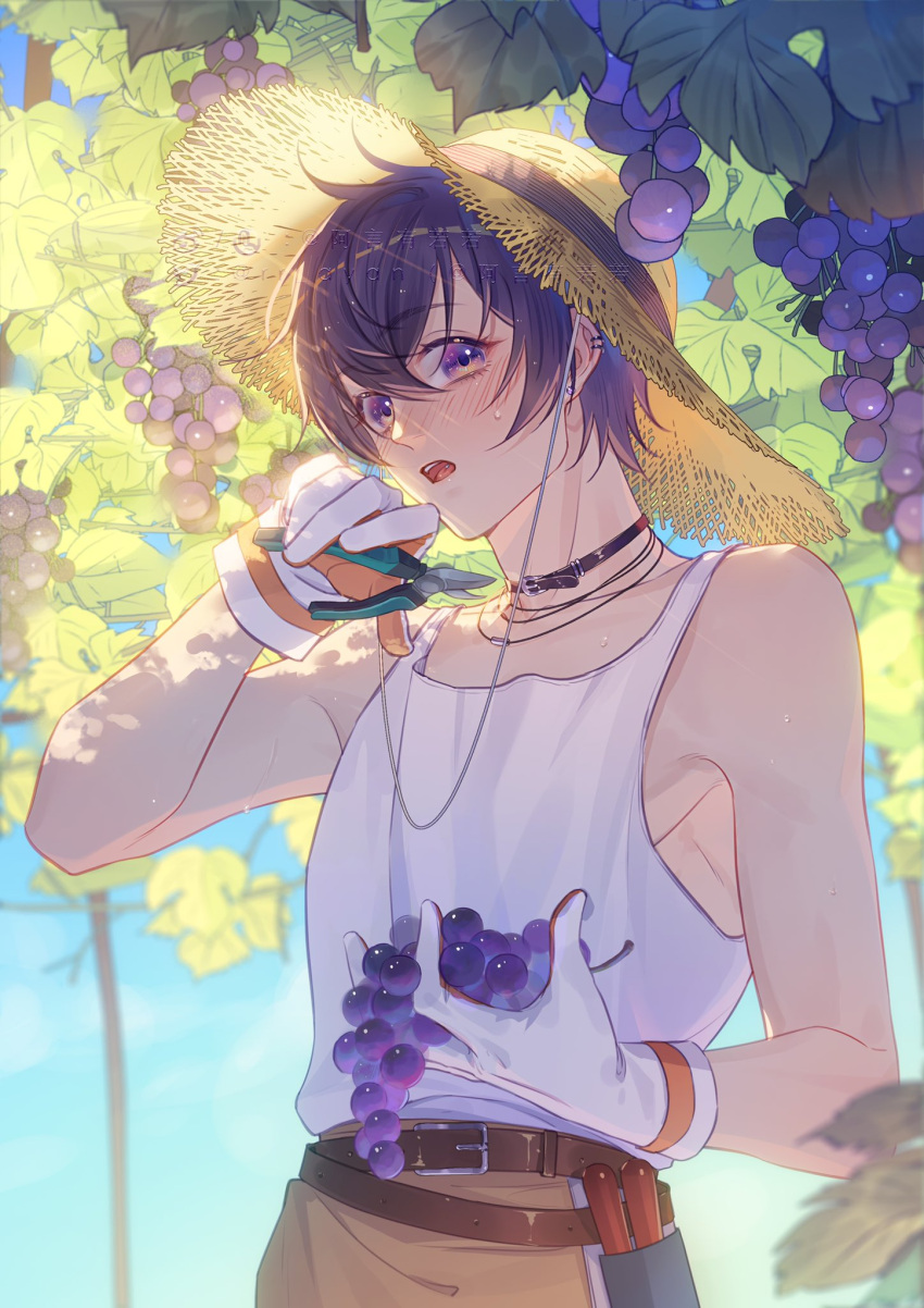 1boy belt brown_pants collar earrings food fruit gloves grapes hat highres holding holding_food holding_fruit indie_virtual_youtuber jewelry male_focus open_mouth pants purple_hair rr_ayan short_hair shoto_(vtuber) solo tank_top violet_eyes virtual_youtuber white_gloves white_tank_top