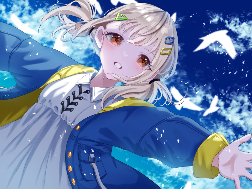 1girl aoitenziku azusawa_kohane bird blue_jacket blue_sky commentary hair_flowing_over hair_ornament hairpin highres jacket legend_still_vivid_(project_sekai) looking_at_viewer multiple_hairpins official_alternate_costume outstretched_arms project_sekai red_eyes sky sky_background smile solo spread_arms white_hair white_wings wings