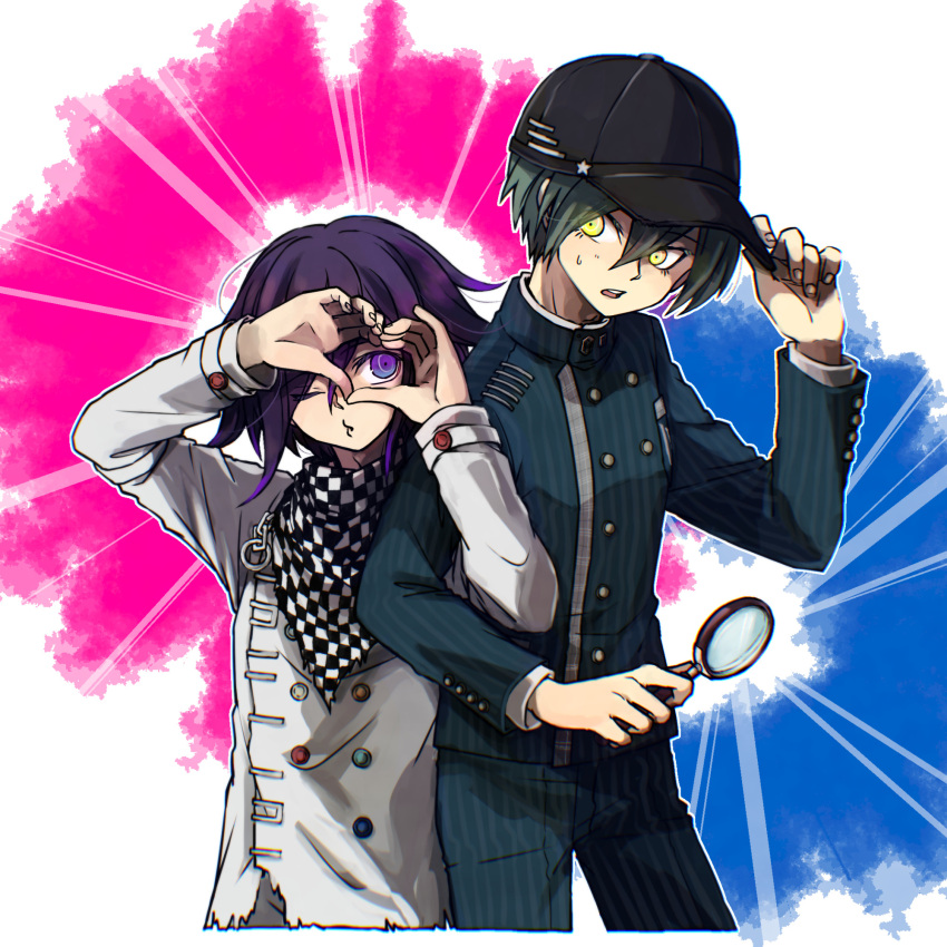 2boys black_hair black_headwear black_jacket black_pants blue_background buttons checkered_clothes checkered_scarf cowboy_shot cropped_legs cropped_torso danganronpa_(series) danganronpa_v3:_killing_harmony double-breasted hair_between_eyes hands_up highres jacket long_sleeves looking_at_viewer magnifying_glass male_focus multicolored_background multiple_boys oma_kokichi one_eye_closed open_mouth pants pink_background purple_hair saihara_shuichi scarf short_hair smile sweatdrop teeth upper_teeth_only violet_eyes yako_(ycaisola) yellow_eyes