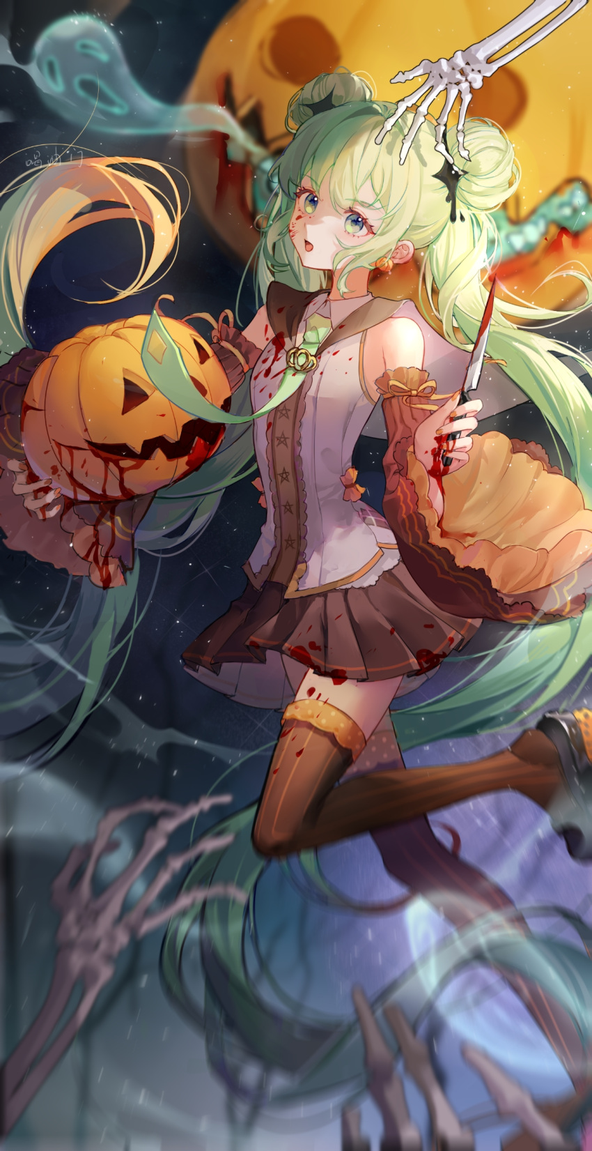 1girl alternate_costume artist_name blood blood_on_clothes blood_on_face blood_on_knife brown_skirt brown_thighhighs detached_sleeves double_bun earrings floating_hair food food-themed_earrings ghost green_eyes green_hair green_necktie hair_bun halloween halloween_costume hatsune_miku highres holding holding_food holding_knife holding_pumpkin holding_vegetable holding_weapon jack-o'-lantern jewelry jumping knife layered_sleeves leg_up looking_at_viewer necktie open_mouth pumpkin pumpkin_earrings signature skeleton skirt solo standing standing_on_one_leg striped striped_thighhighs thigh-highs twintails vegetable vertical-striped_thighhighs vertical_stripes vocaloid weapon youmen