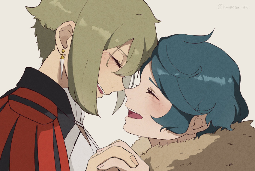 1boy 1girl alternate_universe asticassia_school_uniform blue_hair blush brown_hair closed_eyes commentary_request couple earrings elan_ceres eyelashes face-to-face facing_another fur-trimmed_jacket fur_trim gundam gundam_suisei_no_majo happy heads_together hetero highres holding_hands interlocked_fingers jacket jewelry karumena_45 norea_du_noc noses_touching open_mouth profile school_uniform short_hair simple_background twitter_username upper_body white_background