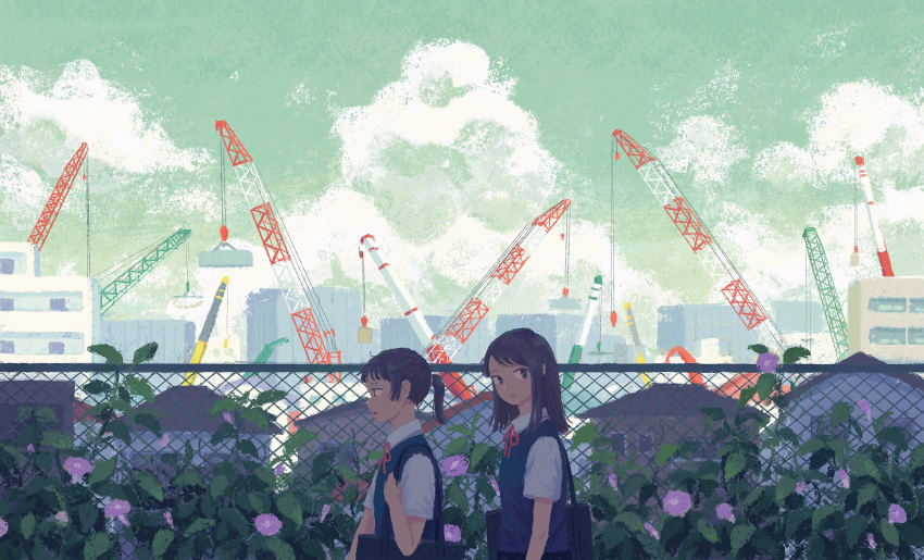 2girls absurdres bag bilding black_bag black_eyes black_hair blue_sweater_vest chain-link_fence closed_mouth clouds coma_(ina_co_ma) commentary_request crane_(machine) day fence flower from_side green_sky highres looking_ahead looking_at_viewer looking_to_the_side medium_hair morning_glory multiple_girls neck_ribbon original outdoors parted_lips plant ponytail profile red_ribbon ribbon school_bag school_uniform short_sleeves sweater_vest vines