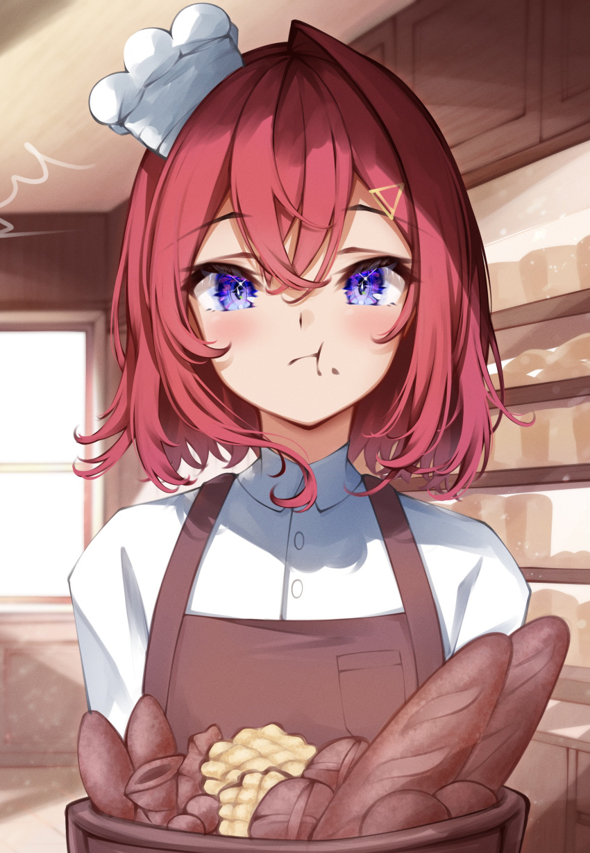 1girl absurdres ange_katrina apron baguette basket blue_eyes bread brown_apron cheek_bulge chef commentary eating food food_on_face hair_between_eyes highres light_blush looking_at_viewer mini_chef_hat nagori0127 nijisanji redhead short_hair single_hair_intake solo triangle_hair_ornament virtual_youtuber
