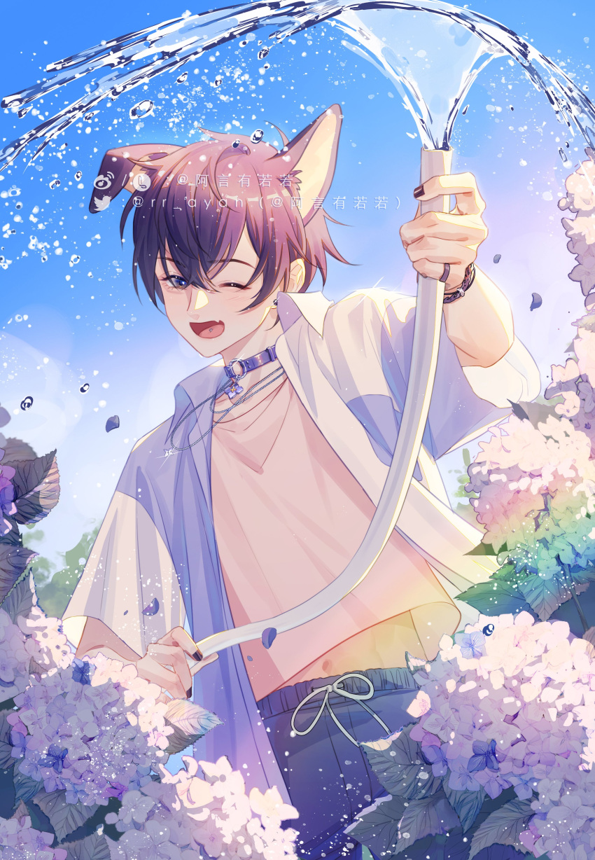 1boy absurdres animal_ears blue_shorts dog_ears earrings flower highres holding holding_hose hose indie_virtual_youtuber jacket jewelry male_focus midriff navel one_eye_closed open_mouth purple_hair rr_ayan short_hair shorts shoto_(vtuber) smile solo stomach violet_eyes virtual_youtuber water_drop white_jacket