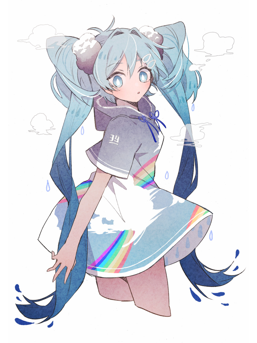 1girl blue_eyes cloud_hair_ornament clouds commentary cowboy_shot cropped_legs drawstring dress grey_dress hatsune_miku highres hood hood_down hooded_dress liquid_hair long_hair looking_at_viewer mura_konbane parted_lips rainbow_print short_sleeves sidelocks simple_background solo symbol-shaped_pupils teardrop twintails very_long_hair vocaloid white_background