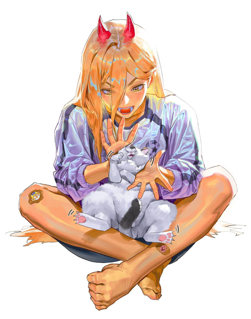 1girl bandaid bandaid_on_knee bandaid_on_leg barefoot cat chainsaw_man claws demon_girl full_body grey_jacket hair_between_eyes heo_sung-moo highres horns indian_style jacket long_hair long_sleeves meowy_(chainsaw_man) open_mouth orange_eyes orange_hair power_(chainsaw_man) red_horns sharp_teeth sitting solo teeth v-shaped_eyebrows white_background