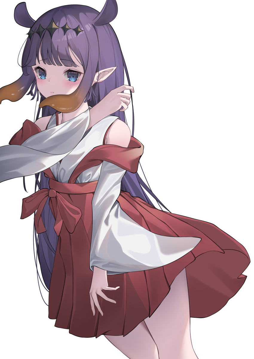 1girl absurdres blue_eyes blunt_bangs blush closed_mouth cropped_legs detached_sleeves hakama hakama_skirt headpiece highres hololive hololive_english japanese_clothes kimono long_hair looking_at_viewer miku_rasha ninomae_ina'nis nontraditional_miko pleated_skirt pointy_ears purple_hair red_hakama red_skirt simple_background skirt sleeveless sleeveless_kimono solo tentacle_hair very_long_hair virtual_youtuber white_background white_kimono wide_sleeves