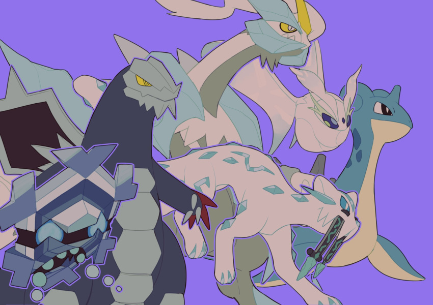 baxcalibur black_eyes bug chien-pao claws closed_mouth colored_sclera cryogonal frosmoth highres kyurem lapras no_humans pokemon pokemon_(creature) purple_background simple_background tusks v_(govvvvw) white_kyurem wings yellow_sclera