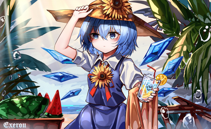 1girl absurdres artist_logo artist_name blue_dress blue_eyes blue_hair blush brown_headwear cirno closed_mouth collared_shirt cup detached_wings dress drink drinking_glass drinking_straw fairy flower food fruit hair_between_eyes hair_flower hair_ornament hat highres holding holding_cup ice ice_wings shirt short_hair short_sleeves solo straw_hat sunflower top-exerou touhou upper_body watermelon watermelon_slice white_shirt wings yellow_flower