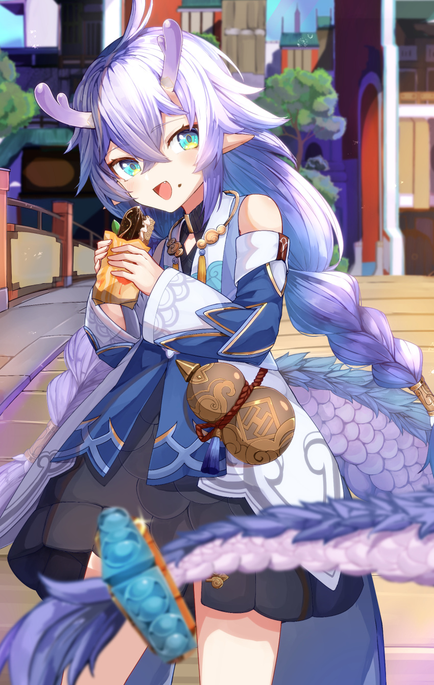1girl :d absurdres bailu_(honkai:_star_rail) bare_shoulders black_dress blue_eyes blue_sleeves blurry blurry_foreground braid building commentary_request day depth_of_field detached_sleeves dragon_girl dragon_horns dragon_tail dress eating ekusera fang food food_on_face food_request gourd hair_ornament highres holding holding_food honkai:_star_rail honkai_(series) horns jacket long_sleeves low_twintails outdoors pointy_ears purple_hair smile solo tail twin_braids twintails white_jacket