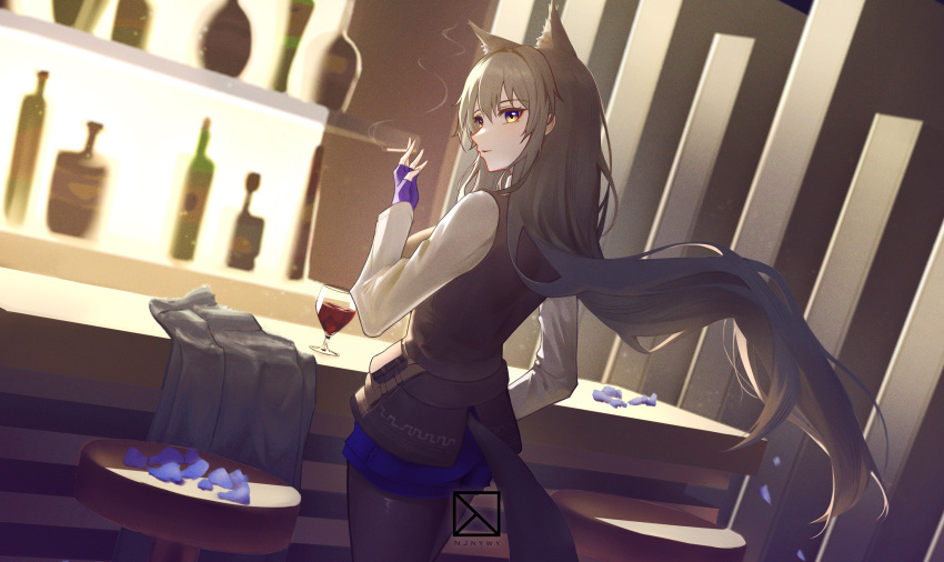 1girl absurdres alcohol animal_ear_fluff animal_ears arknights artist_name backlighting bar_(place) black_hair black_pantyhose black_vest blue_gloves blue_shorts breasts cowboy_shot cup drinking_glass extra_ears fingerless_gloves from_behind gloves highres indoors large_breasts long_hair long_sleeves looking_at_viewer looking_back njnywy pantyhose parted_lips shirt short_shorts shorts smile smoke smoking solo tail texas_(arknights) texas_the_omertosa_(arknights) very_long_hair vest white_shirt wine wine_glass wolf_ears wolf_girl wolf_tail yellow_eyes