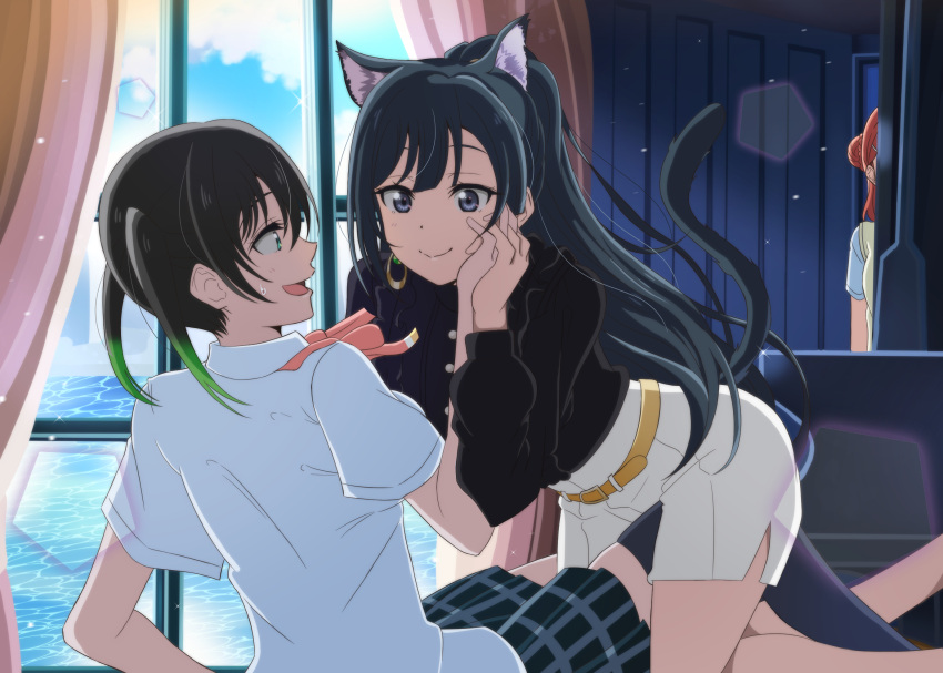 3girls animal_ears belt black_eyes black_hair black_thighhighs blue_shirt blue_skirt braid braided_bun breasts cat_ears cat_tail closed_mouth collared_shirt earrings fake_animal_ears gradient_hair green_eyes hair_bun hair_ornament hairclip hand_on_another's_cheek hand_on_another's_face highres holding_hands indoors jewelry long_hair long_sleeves looking_at_another love_live! love_live!_nijigasaki_high_school_idol_club medium_breasts medium_hair miniskirt multicolored_hair multiple_girls neck_ribbon nijigasaki_academy_school_uniform on_person open_mouth out_of_frame plaid plaid_skirt pleated_skirt ponytail red_ribbon ribbon school_uniform shirt short_sleeves sidelocks single_side_bun skirt streaked_hair summer_uniform sweat sweater_vest tail takasaki_yuu thigh-highs twintails uehara_ayumu white_skirt yellow_belt yellow_sweater_vest yumel_lot yuri yuuki_setsuna_(love_live!) zettai_ryouiki