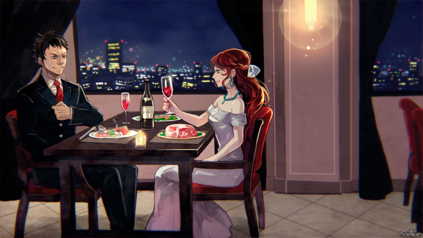 1boy 1girl alcohol bare_shoulders black_hair black_suit blue_eyes bottle braid breasts candle chair chopsticks copyright_name cup curtains dress drinking_glass eye_contact fish_(food) food formal hetero highres holding holding_cup indoors jewelry kasumi_(tw) lamp long_sleeves looking_at_another meat necklace necktie night plate psychic_hearts red_nails red_necktie redhead restaurant sitting skyline small_breasts suit tile_floor tiles white_dress window wine wine_bottle wine_glass