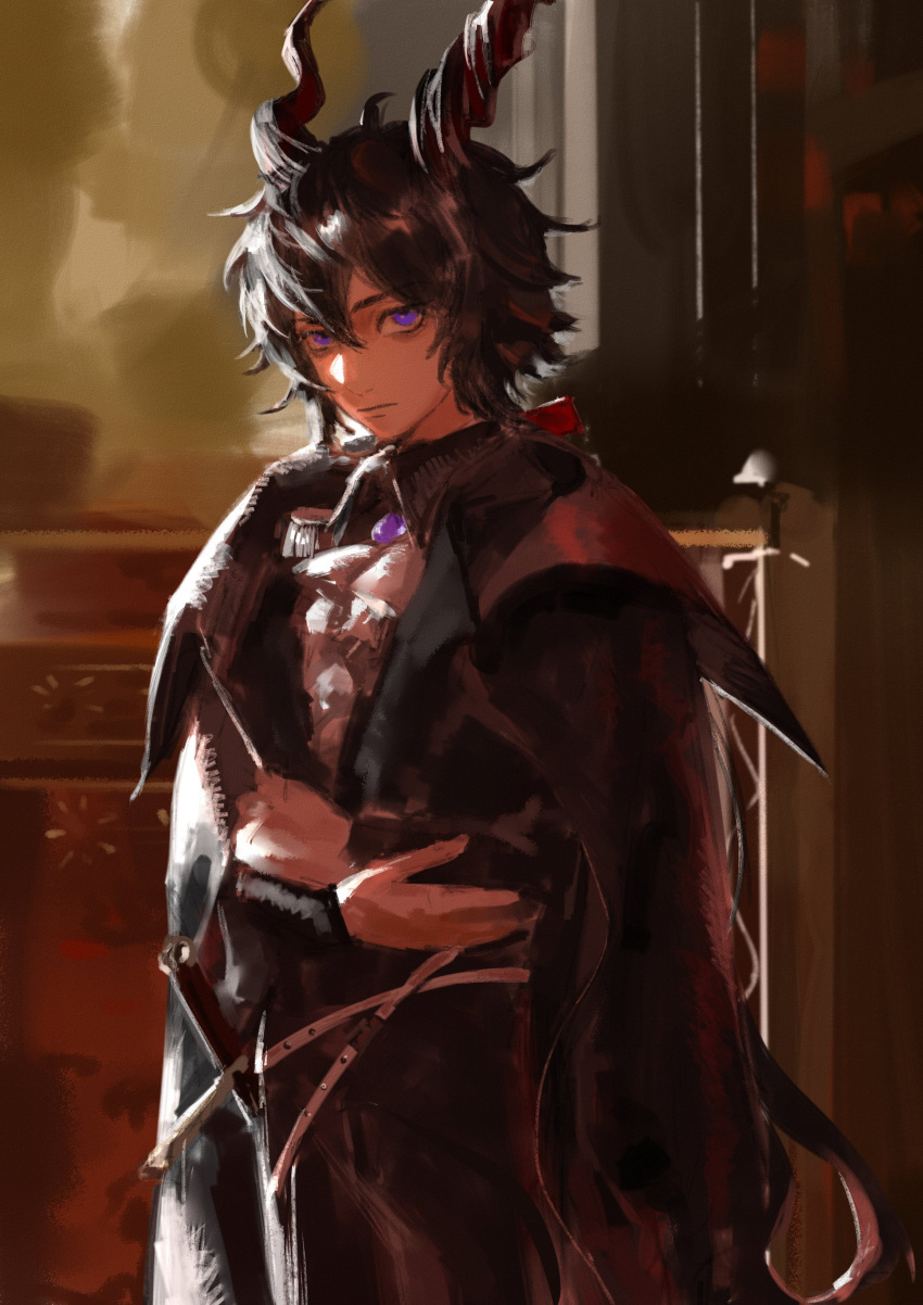 1boy absurdres animal_ears arknights black_coat black_hair bow coat crossed_arms ebenholz_(arknights) gloves goat_boy goat_ears goat_horns hair_bow highres horns horse_ears long_hair looking_at_viewer low_ponytail male_focus painting_(medium) red_bow solo traditional_media vaticancameos_c violet_eyes white_gloves