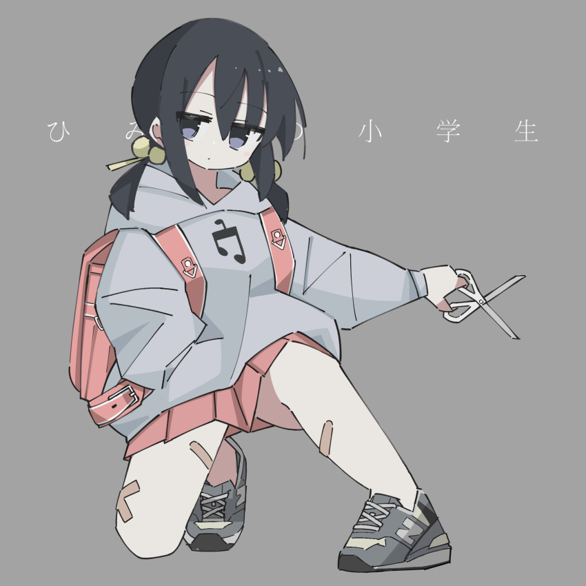 1girl backpack bag bandaid bandaid_on_leg black_hair commentary_request crossed_bandaids dot_mouth expressionless full_body grey_eyes grey_hoodie hair_bobbles hair_ornament hand_in_pocket highres himitsu_no_shougakusei_(vocaloid) holding holding_scissors hood hood_down hoodie jitome kaai_yuki long_sleeves looking_at_viewer low_twintails momochi_tama musical_note new_balance on_one_knee outstretched_arm pink_bag pink_skirt pleated_skirt randoseru scissors shoes skirt sneakers solo song_name translation_request twintails vocaloid