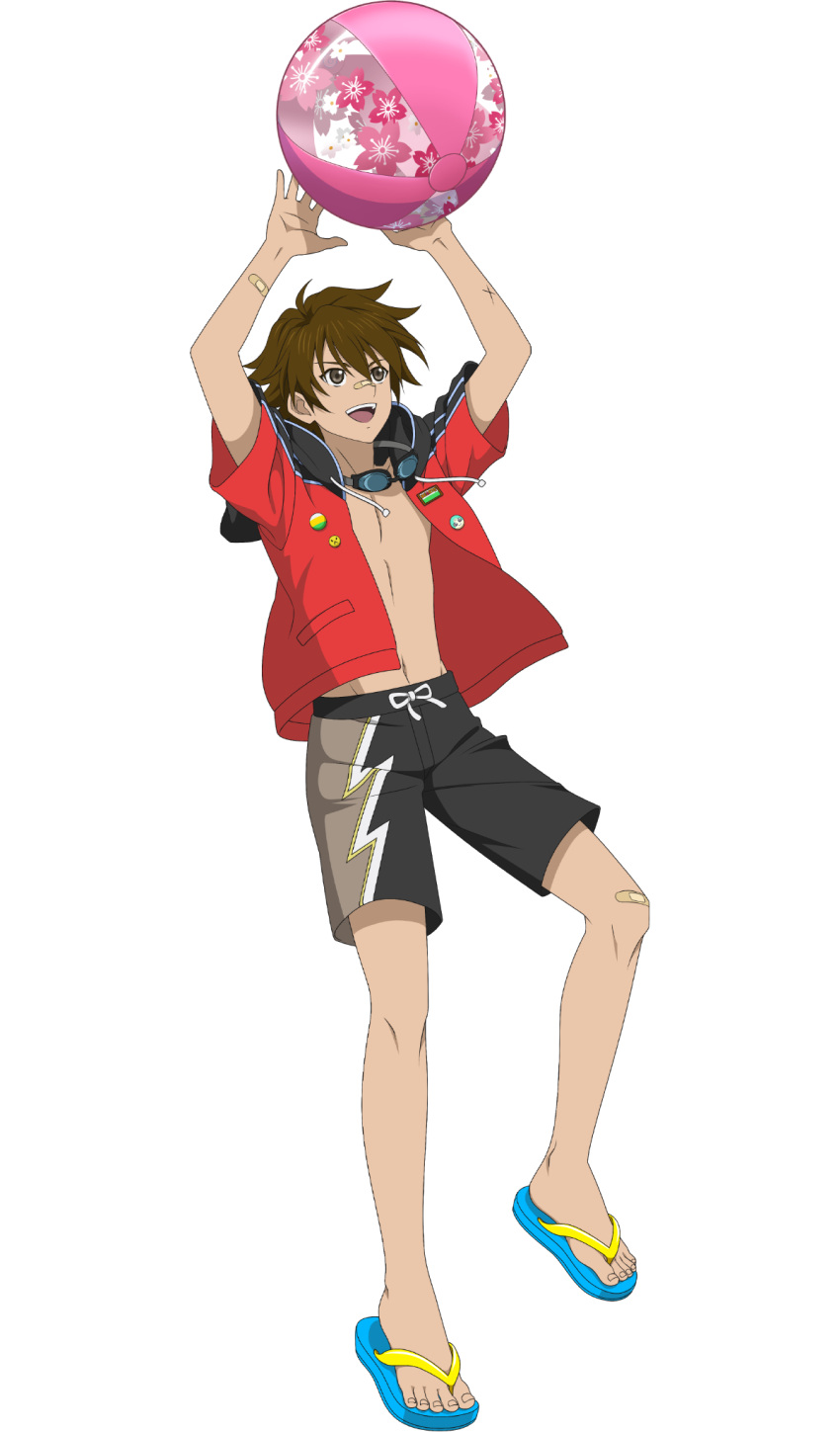 1boy ahoge arms_up ball bandaid bandaid_on_arm bandaid_on_face bandaid_on_knee bandaid_on_leg bandaid_on_nose beachball brown_hair english_commentary feet flip-flops full_body goggles goggles_around_neck hair_between_eyes hands_up highres kor_meteor legs male_swimwear navel official_art open_clothes open_shirt sandals solo swim_trunks tales_of_(series) tales_of_asteria tales_of_hearts teeth toenails toes topless_male upper_teeth_only