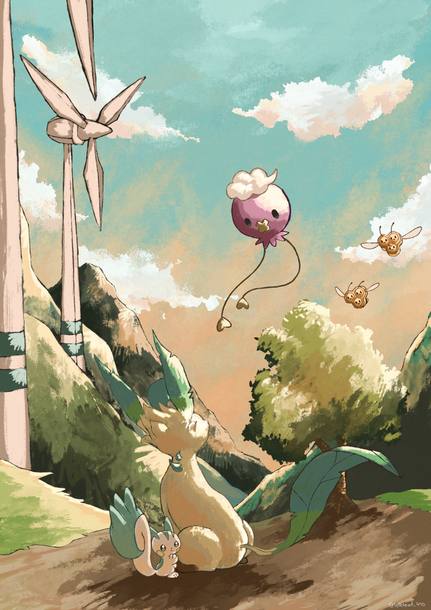 absurdres black_eyes clouds combee commentary_request day drifloon flying grass highres leaf_(pixiv17652941) leafeon no_humans outdoors pachirisu path pokemon pokemon_(creature) sky tree wind_turbine