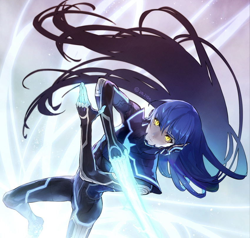 1boy androgynous black_bodysuit blue_bodysuit blue_hair bodysuit closed_mouth floating_hair glowing hair_between_eyes highres long_hair looking_at_viewer male_focus protagonist_(smtv) shin_megami_tensei shin_megami_tensei_v simple_background solo twitter_username very_long_hair yellow_eyes za210n