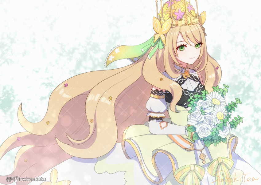 1girl blonde_hair butterfly_hair_ornament celine_(fire_emblem) closed_mouth crown dfhnokenbutu dress fire_emblem fire_emblem_engage flower green_eyes hair_ornament highres holding holding_flower intelligent_systems long_dress long_hair moe nintendo ribbon solo very_long_hair