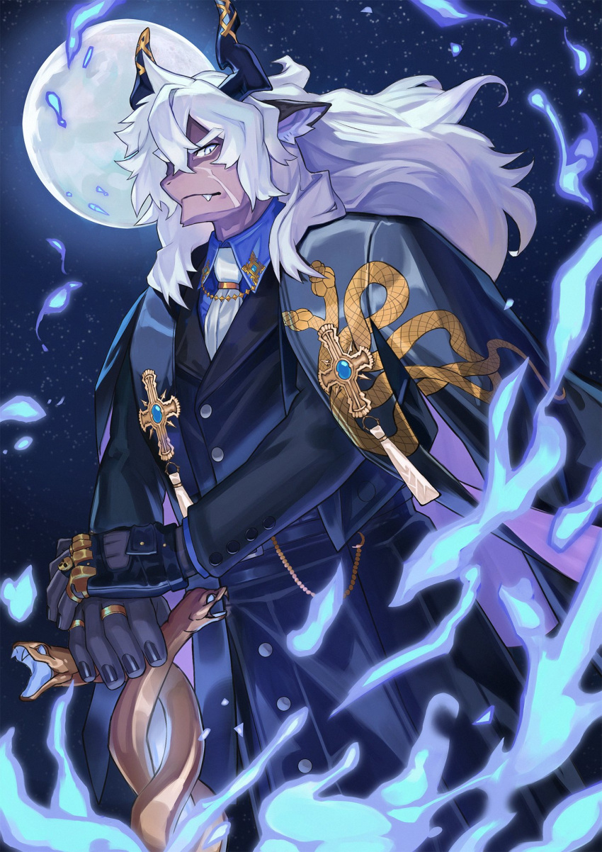 1boy alchemy_stars ascot black_shirt cane collared_shirt fang fire furry furry_male highres holding holding_cane horns istvan_(alchemy_stars) long_hair looking_at_viewer male_focus moon night night_sky scar scar_on_cheek scar_on_face shirt shishimi443 sky white_hair