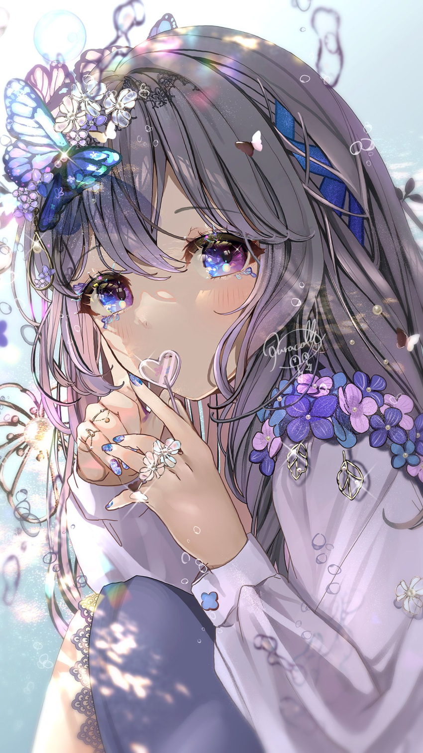 1girl air_bubble artist_name black_eyes blue_eyes blue_flower blue_nails blue_ribbon blush brown_hair bubble butterfly_hair_ornament candy crossed_bangs finger_to_cheek flower food gradient_background gradient_eyes gradient_hair gradient_nails grey_hair hair_between_eyes hair_flaps hair_intakes hair_ornament hair_ribbon head_tilt highres holding holding_food holding_popsicle hydrangea jewelry knee_up light_blue_background light_rays long_hair long_sleeves looking_at_viewer multicolored_eyes multicolored_hair multiple_rings nail_polish original own_hands_together parted_lips pink_eyes pink_flower pink_nails puracotte purple_flower purple_hair purple_nails purple_skirt ribbon ring shade shirt sidelocks signature skirt solo swept_bangs very_long_hair violet_eyes water white_background white_flower white_shirt