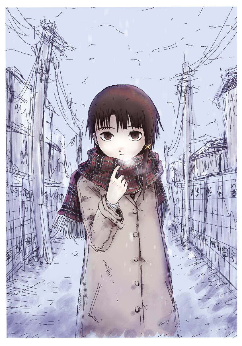 1girl arm_at_side asymmetrical_hair border brown_coat brown_eyes brown_hair building buttons coat cowboy_shot facing_viewer grabbing hair_ornament hand_up highres iwakura_lain long_hair long_sleeves looking_at_viewer open_mouth outdoors perspective plaid plaid_scarf sano_(sano45726280) scarf scarf_pull serial_experiments_lain single_sidelock sketch solo steam upturned_eyes utility_pole white_border wide_sleeves winter winter_clothes x_hair_ornament