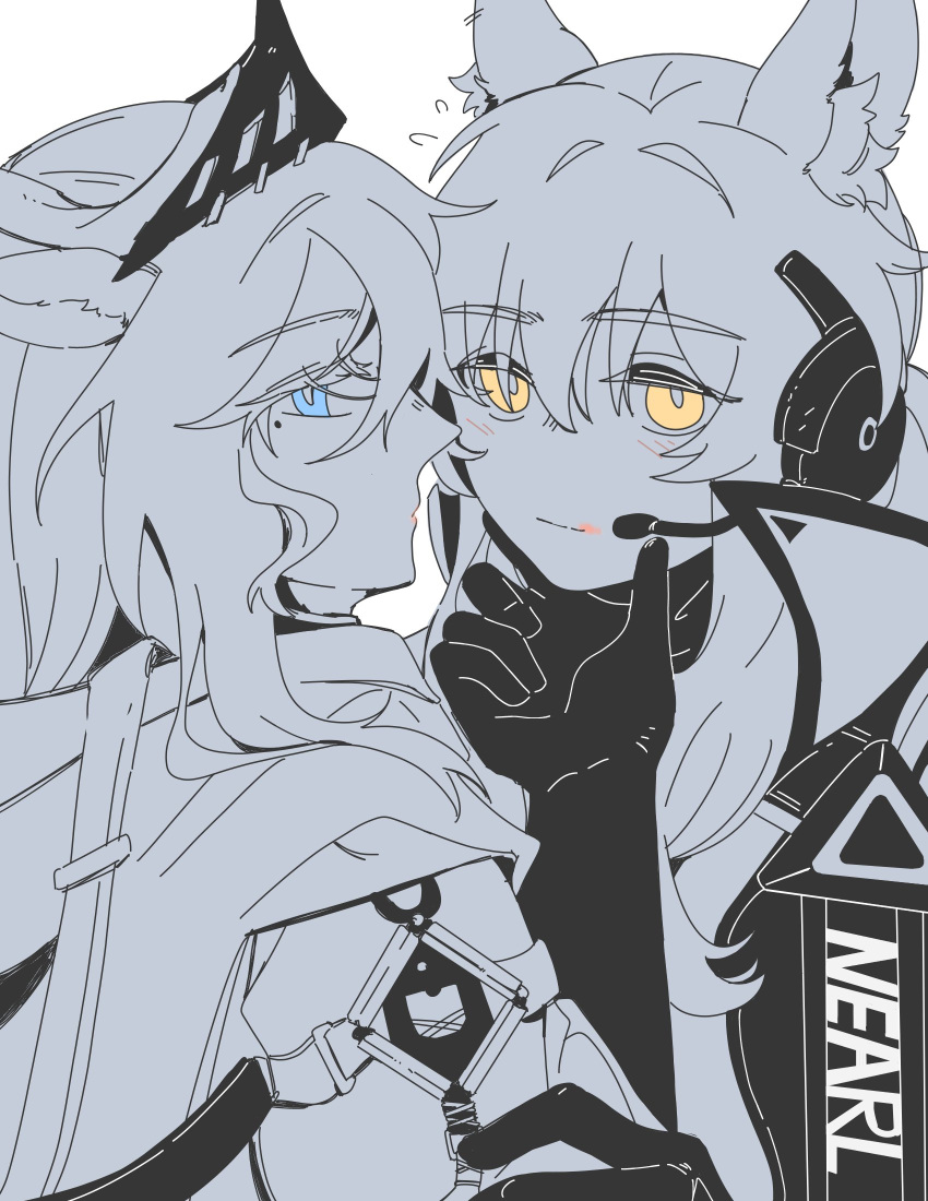 2girls animal_ear_fluff animal_ears arknights black_gloves blue_eyes blush character_name deer_ears deer_girl from_side gloves hair_between_eyes hair_ornament hand_on_another's_chin headset highres hood hood_down horse_ears horse_girl implied_extra_ears kotcate limited_palette lipstick_mark long_hair looking_at_viewer mole mole_under_eye multiple_girls name_tag nearl_(arknights) nearl_the_radiant_knight_(arknights) simple_background turning_head viviana_(arknights) white_background yellow_eyes yellow_lips yuri