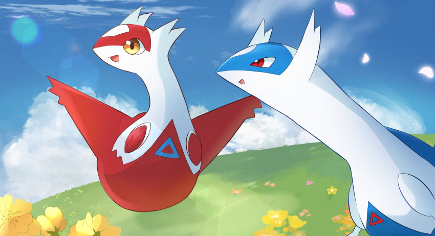 1boy 1girl animal animal_ears blue_sky clouds dragon flower flying grass highres latias latios minami_pokeaka open_mouth pokemon pokemon_(creature) red_pupils sky wings yellow_flower yellow_pupils