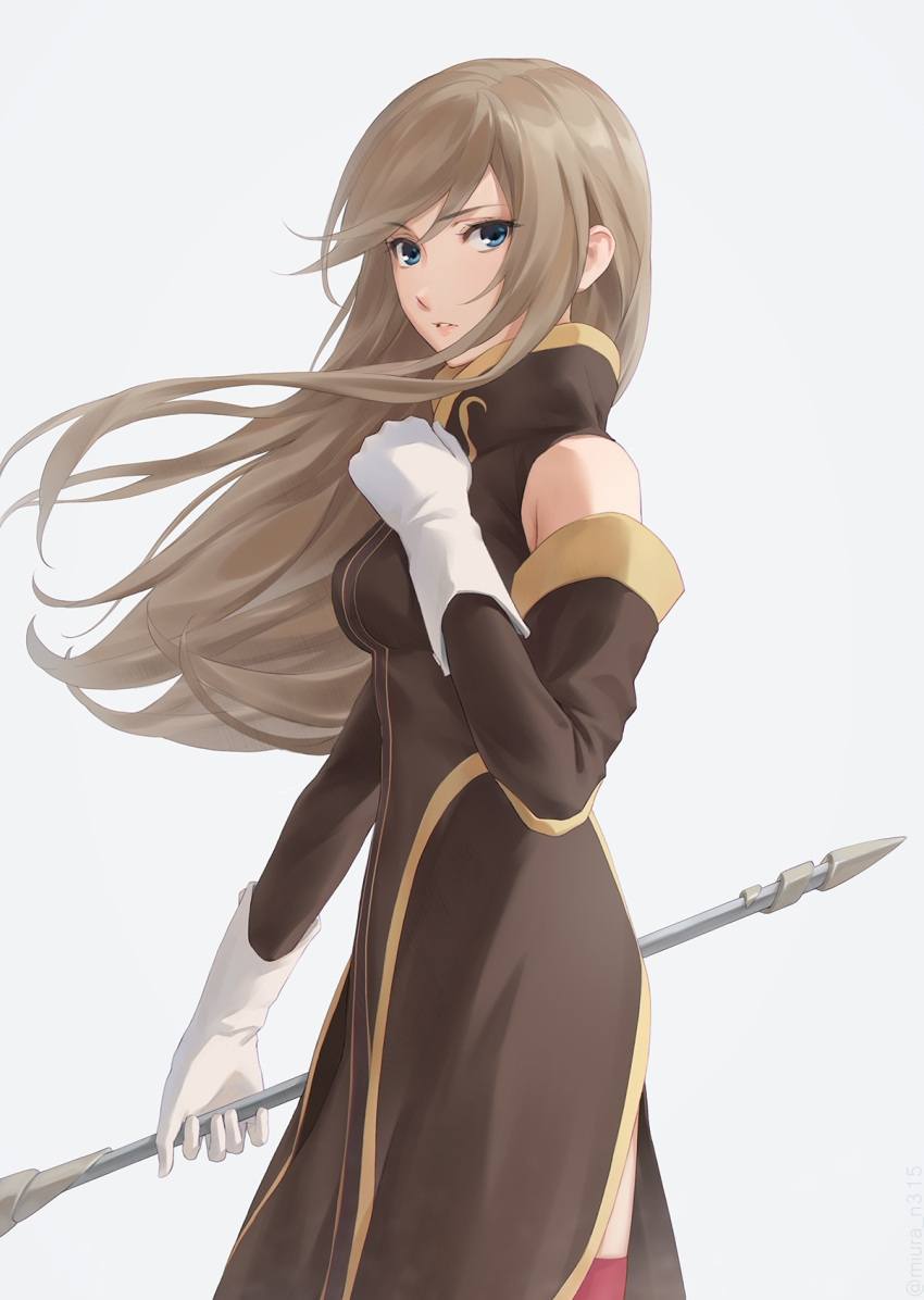 1girl bare_shoulders blue_eyes breasts brown_dress brown_hair brown_sleeves cowboy_shot detached_sleeves dress floating_hair from_side gloves grey_background hair_behind_ear high_collar highres holding holding_staff long_hair looking_at_viewer looking_to_the_side medium_breasts miura-n315 parted_lips red_thighhighs sidelocks simple_background solo staff swept_bangs tales_of_(series) tear_grants thigh-highs twitter_username white_gloves