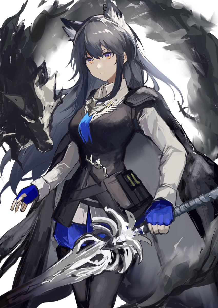 1girl animal_ear_fluff animal_ears arknights black_coat black_hair black_pantyhose black_vest blue_eyes blue_gloves blue_necktie blue_shorts coat coat_on_shoulders collared_shirt cowboy_shot ear_piercing fingerless_gloves gloves hair_between_eyes highres holding holding_sword holding_weapon long_hair necktie official_alternate_costume orange_eyes pantyhose pantyhose_under_shorts piercing ruyu_(txzy22) shirt shorts sidelocks solo sword texas_(arknights) texas_the_omertosa_(arknights) two-tone_eyes vest weapon white_background white_shirt wolf wolf_ears wolf_girl