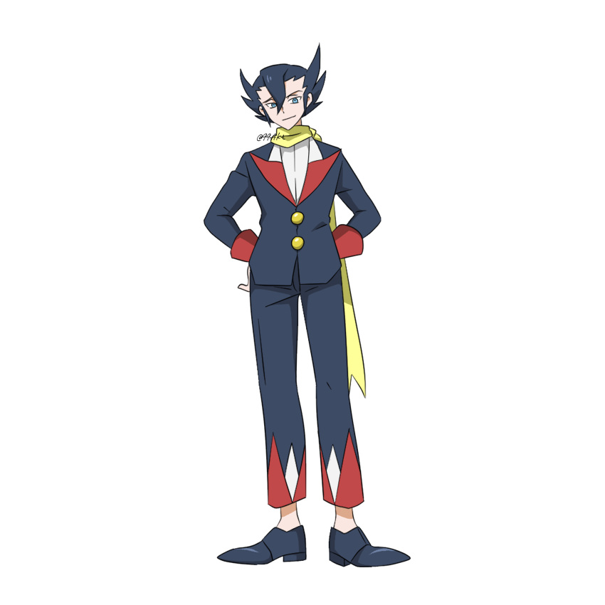1boy 99akt1031 absurdres aqua_eyes black_footwear black_hair black_jacket black_pants buttons closed_mouth commentary_request full_body grimsley_(pokemon) hair_between_eyes highres jacket long_sleeves male_focus pants pointy_hair pokemon pokemon_(game) pokemon_bw scarf shirt shoes simple_background smile solo standing white_background white_shirt yellow_scarf