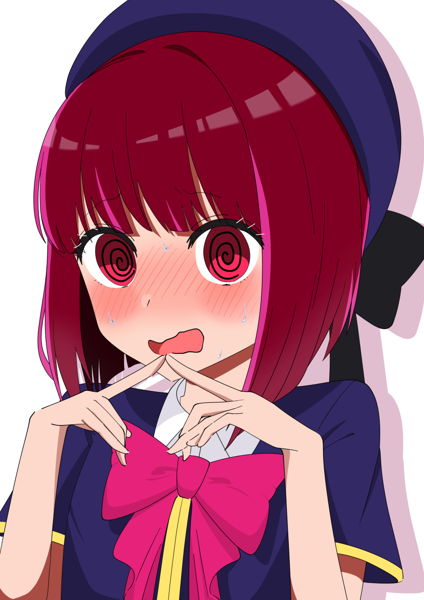 1girl @_@ absurdres arima_kana beret black_bow blue_headwear blue_jacket blush bow bowtie breasts close-up dress_shirt drop_shadow embarrassed hat hat_bow highres index_fingers_together jacket kakedashieshi nervous nose_blush oshi_no_ko pink_bow pink_bowtie portrait raised_eyebrows red_eyes redhead ribbon school_uniform shirt short_hair short_sleeves simple_background small_breasts solo sweat upper_body w_arms wavy_eyebrows wavy_mouth white_background white_shirt