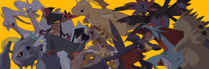 antennae baxcalibur black_eyes black_sclera claws closed_mouth colored_sclera dragapult dragon dragonite fangs garchomp goodra highres hisuian_goodra hydreigon kommo-o metagross no_humans open_mouth orange_background pokemon pokemon_(creature) red_eyes salamence simple_background tyranitar v_(govvvvw) wings yellow_eyes