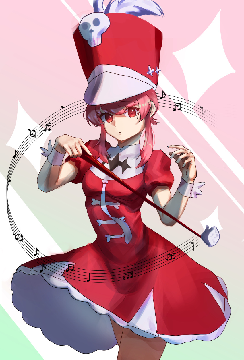 1girl absurdres alternate_color breasts cowboy_shot dress grey_background hat_feather hat_ornament highres holding jakuzure_nonon kill_la_kill looking_at_viewer medium_hair muhae_(dcnh8882) musical_note necktie pink_hair puffy_short_sleeves puffy_sleeves red_dress red_eyes red_headwear short_sleeves sidelocks skull_hat_ornament small_breasts solo two-tone_background white_dress white_necktie