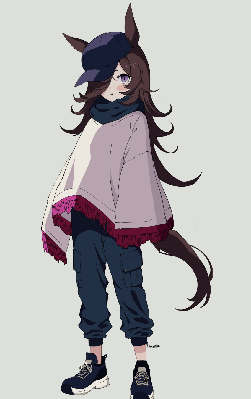 1girl :t absurdres alternate_costume animal_ears baseball_cap blue_footwear blue_pants blush_stickers brown_hair closed_mouth full_body grey_background hair_over_one_eye hat highres horse_ears horse_girl horse_tail long_hair looking_at_viewer pants pinkerton pocket poncho purple_headwear rice_shower_(umamusume) scarf shoes signature simple_background sneakers solo standing tail umamusume violet_eyes