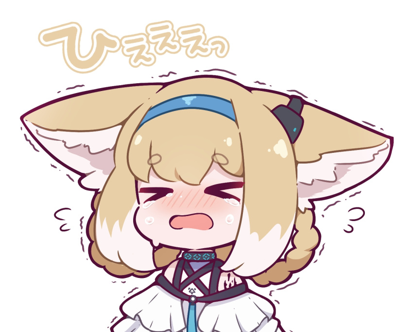 &gt;_&lt; 1girl animal_ear_fluff animal_ears arknights bare_shoulders blonde_hair blush chibi closed_eyes commentary crying flying_sweatdrops fox_ears hair_rings kurotofu multicolored_hair nose_blush open_mouth shirt sidelocks simple_background solo suzuran_(arknights) symbol-only_commentary tears translation_request trembling two-tone_hair upper_body wavy_mouth white_background white_hair white_shirt