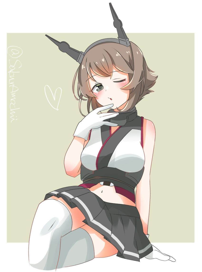 1girl brown_hair chestnut_mouth crossed_legs flipped_hair green_eyes grey_skirt hairband headgear highres kantai_collection mutsu_(kancolle) no_chi_(aka_hara) one-hour_drawing_challenge one_eye_closed pleated_skirt radio_antenna shirt short_hair sitting skirt sleeveless sleeveless_shirt solo thigh-highs white_thighhighs