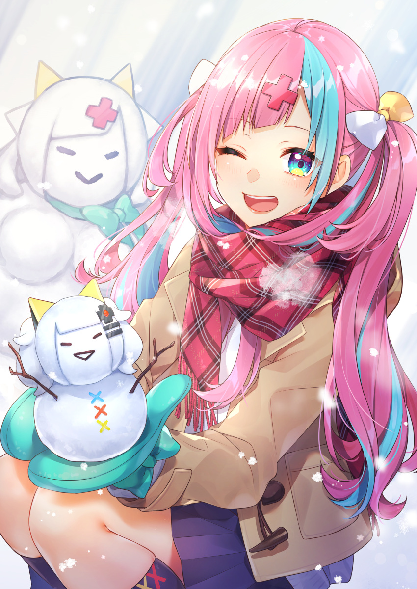 1girl ;d absurdres alternate_costume blue_eyes blue_hair blue_skirt blush bow breath brown_jacket coat commentary_request hair_bow hair_ornament highres holding jacket kaguya_luna kitazume_kumie long_hair long_sleeves looking_at_viewer mittens multicolored_hair one_eye_closed open_mouth outdoors pink_hair pinky_pop_hepburn plaid plaid_scarf pleated_skirt red_scarf scarf sitting skirt smile snowing snowman solo teeth the_moon_studio upper_teeth_only very_long_hair virtual_youtuber winter_clothes x_hair_ornament