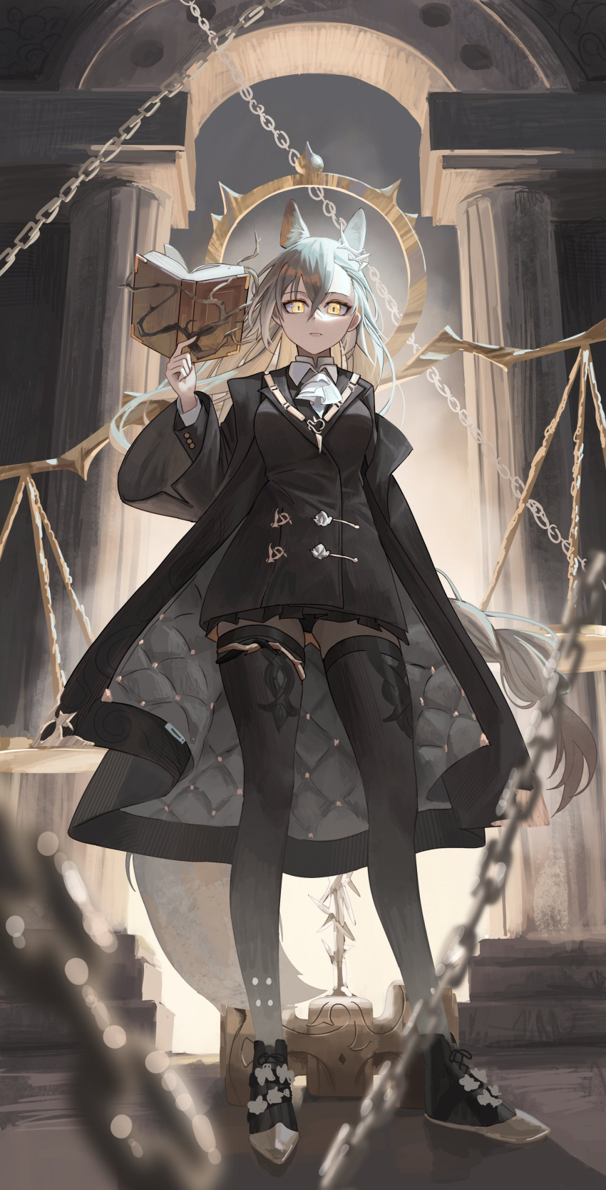 1girl absurdres animal_ear_fluff animal_ears arknights ascot asymmetrical_bangs black_coat black_footwear black_jacket black_skirt black_thighhighs blurry blurry_foreground book braid chain closed_mouth coat collared_shirt commentary full_body grey_hair hair_between_eyes highres holding holding_book jacket long_hair long_sleeves looking_at_viewer maakun_(maakun40) off_shoulder open_clothes open_coat panties parted_bangs penance_(arknights) pleated_skirt shirt skirt solo standing tail thigh-highs underwear very_long_hair white_ascot wide_sleeves wolf_ears wolf_girl wolf_tail yellow_eyes