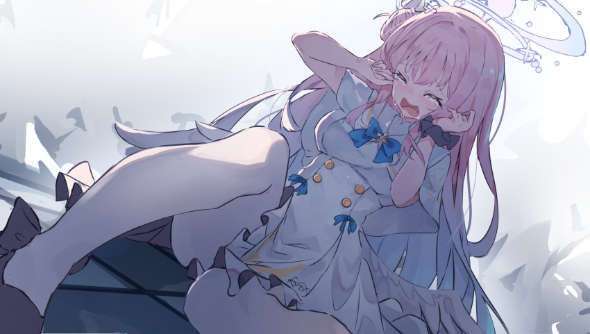 1girl angel_wings blue_archive blue_ribbon crying dress elxion halo highres mika_(blue_archive) pantyhose pink_hair ribbon solo tearing_up tears white_dress white_pantyhose white_wings wings