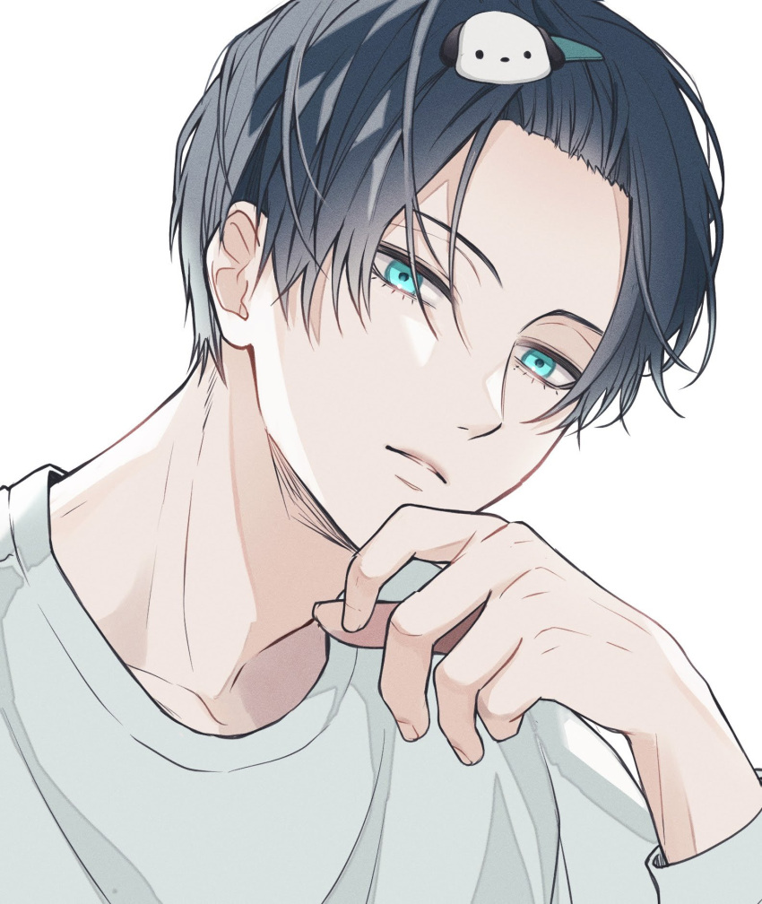 1boy 66nana660 aqua_eyes bangs_pinned_back blue_lock commentary_request fingernails hair_ornament hairclip highres itoshi_rin long_sleeves looking_at_viewer male_focus parted_lips shirt short_hair simple_background solo white_background white_shirt