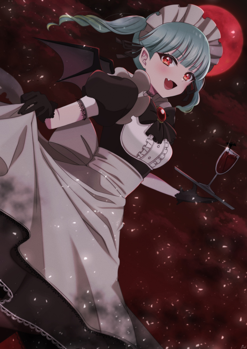 1girl absurdres alternate_costume apron aqua_hair back_bow bat_wings black_dress black_gloves blunt_bangs bow center_frills dress enmaided framed_breasts frills gloves highres holding holding_tray long_dress looking_at_viewer love_live! love_live!_superstar!! maid maid_headdress moon night night_sky onitsuka_tomari puffy_short_sleeves puffy_sleeves pukonuu red_eyes red_moon red_sky short_sleeves skirt_hold sky solo tray twintails underbust waist_apron white_apron wings