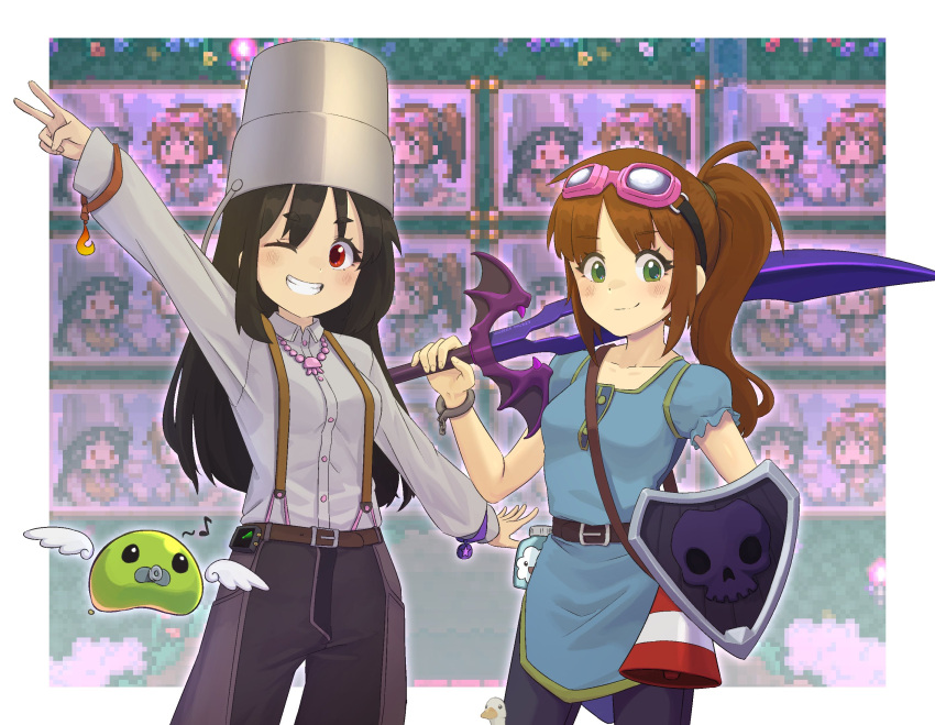 2girls black_hair blush bottle breasts brown_hair bucket bucket_(suweeka) bucket_on_head closed_mouth cowboy_shot eighth_note game_screenshot_background goggles goggles_(suweeka) goggles_on_head green_eyes grin highres holding holding_sword holding_weapon long_hair long_sleeves medium_breasts megaphone multiple_girls musical_note object_on_head one_eye_closed original over_shoulder pants ponytail puffy_short_sleeves puffy_sleeves red_eyes shield short_sleeves smile suspenders suweeka sword sword_over_shoulder terraria v weapon weapon_over_shoulder
