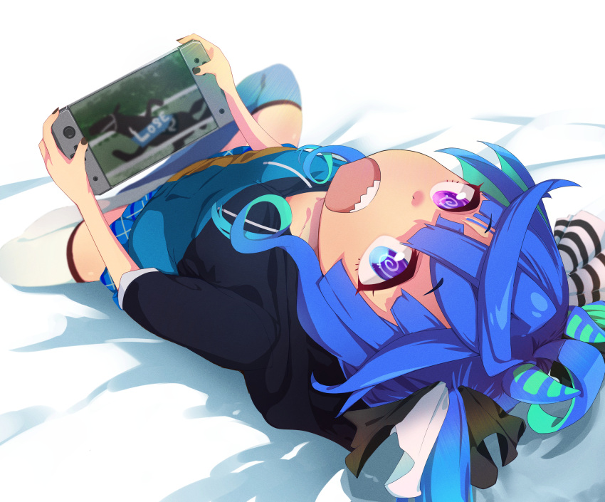 1girl @_@ ahoge animal_ears asymmetrical_legwear bed_sheet black_nails blue_eyes blue_hair blue_skirt blue_theme crossed_bangs handheld_game_console heterochromia highres holding holding_handheld_game_console hood hoodie horse_ears lens_flare long_hair long_sleeves looking_at_viewer lying miniskirt mismatched_legwear on_back open_mouth sharp_teeth shijima_(shizima_03) skirt solo teeth twin_turbo_(umamusume) umamusume upper_teeth_only violet_eyes