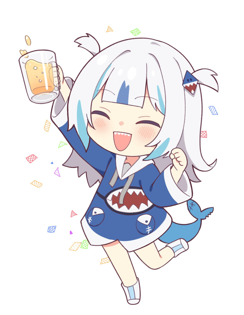 1girl ^_^ animal_costume arm_up blue_hair blue_hoodie blunt_bangs blush chibi clenched_hand closed_eyes commentary confetti cup drink fins fish_tail gawr_gura gawr_gura_(1st_costume) grey_hair hair_ornament hand_up highres holding holding_cup hololive hololive_english hood hoodie long_sleeves medium_hair mug multicolored_hair nzmtarou open_mouth shark_costume shark_girl shark_hair_ornament shark_print shark_tail shoes sidelocks simple_background smile solo standing standing_on_one_leg streaked_hair tail teeth two_side_up upper_teeth_only virtual_youtuber white_background white_footwear wide_sleeves